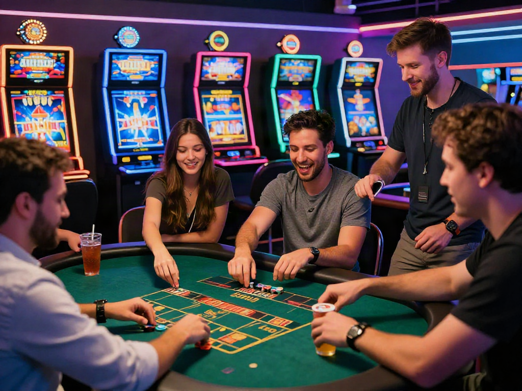 Friends enjoying gaming at online casino, highlighting bonus new member 100 promotion in vibrant atmosphere.