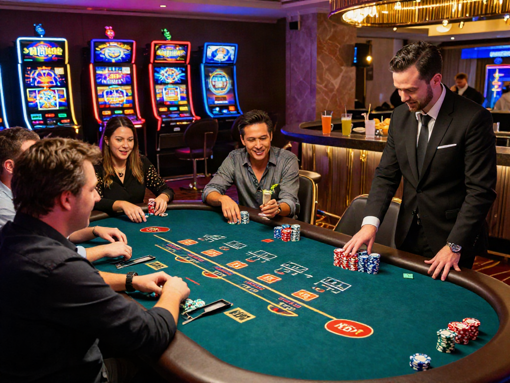 Situs live casino gaming excitement with players at a blackjack table surrounded by luxury ambiance.