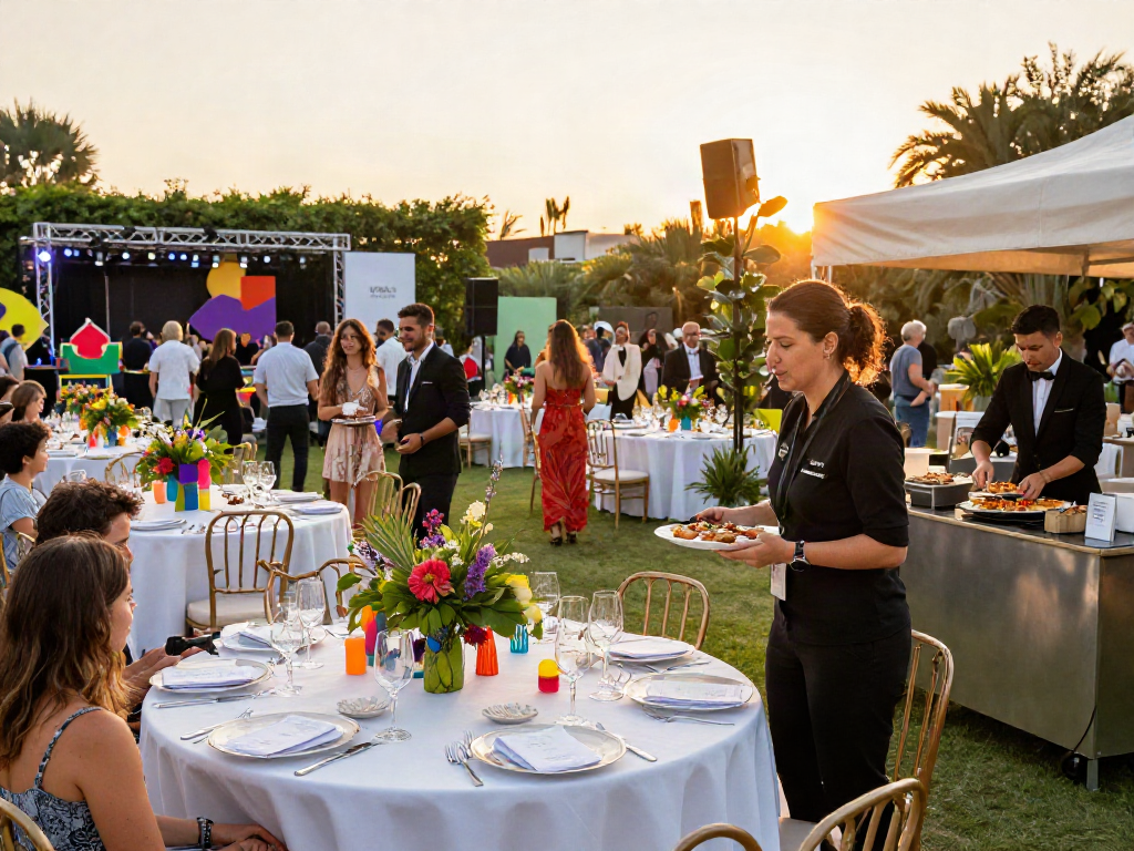 Event rentals setup at a luxurious venue with elegant tables and décor, showcasing vibrant atmosphere for celebrations.