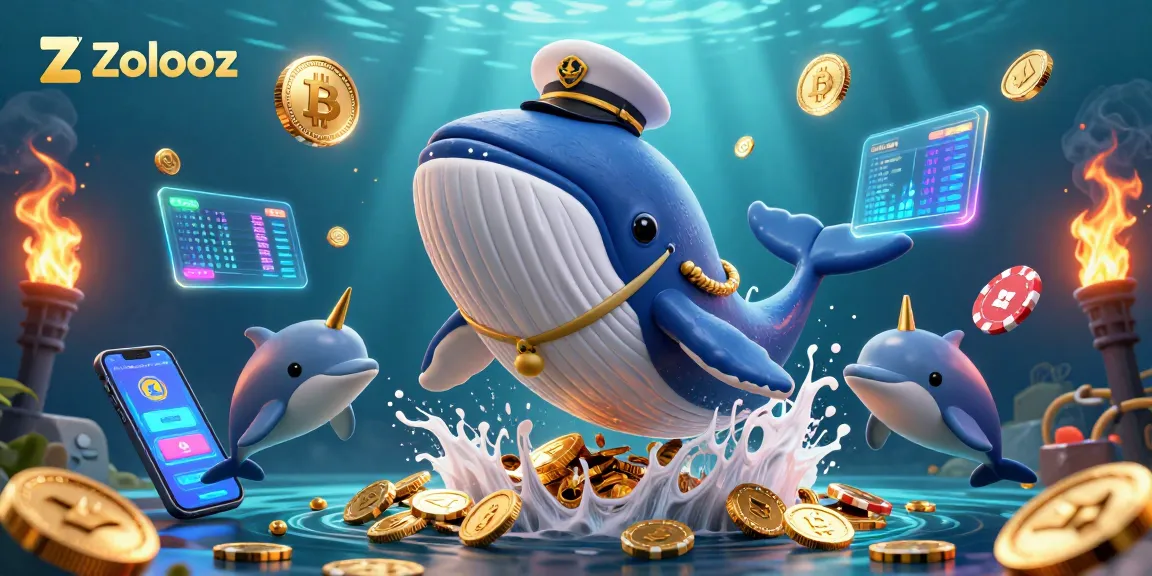 Experience Zolooz with a vibrant underwater scene featuring playful characters and cryptocurrency elements.