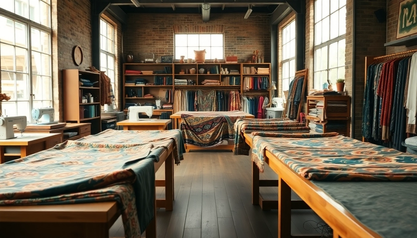 Stoffen voor kleding maken op een stijlvolle werktafel in een modern atelier.