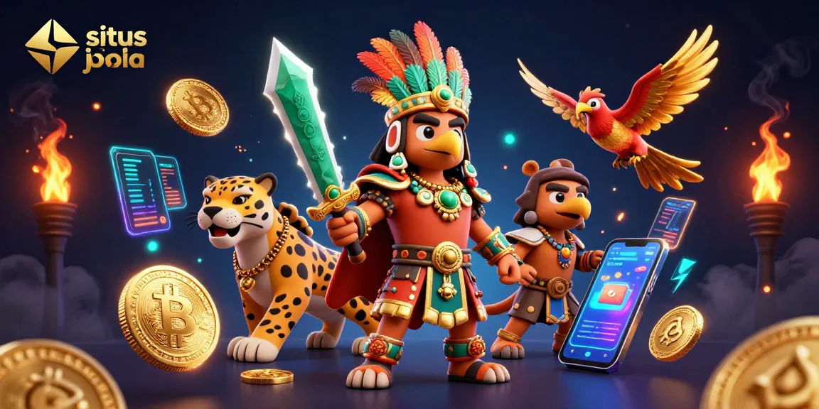 Situs judi bola action scene with Aztec warriors, crypto coins, and vibrant game elements