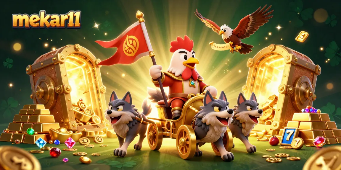 Mekar11 unleashes fortune with a rooster warlord and golden treasures in a vibrant casino scene.