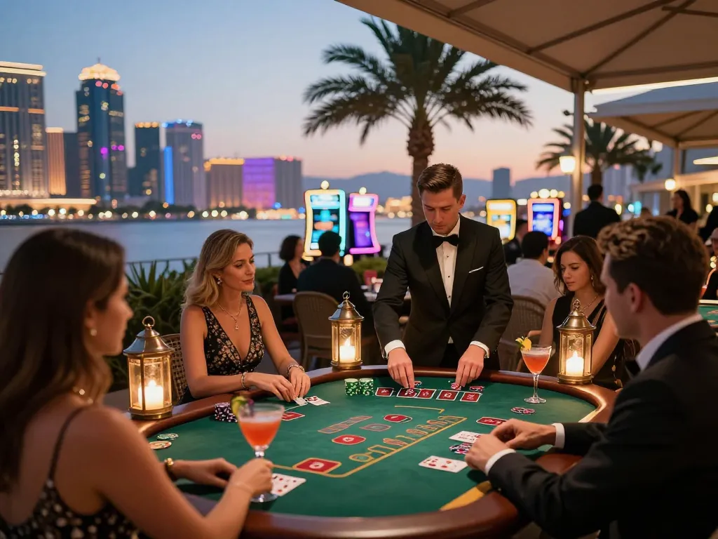 Guests engaging in a thrilling blackjack game at rr88 casino patio with city skyline views.