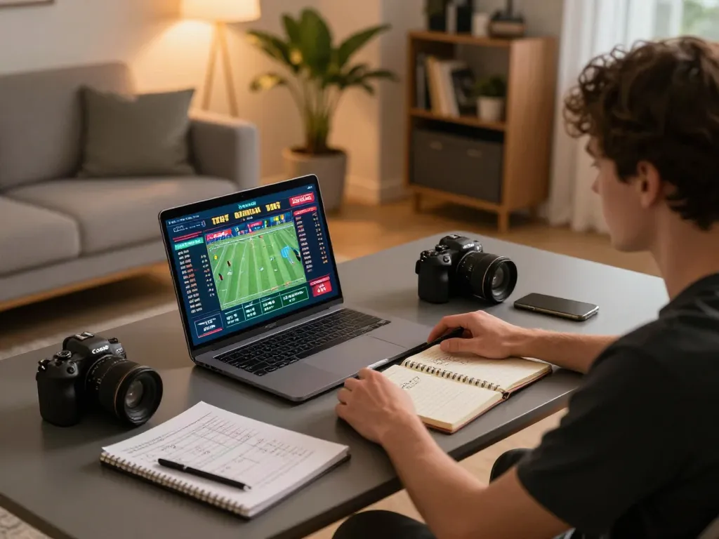 Scommesse online siti with a player enjoying sports betting on a laptop at home in a cozy setup