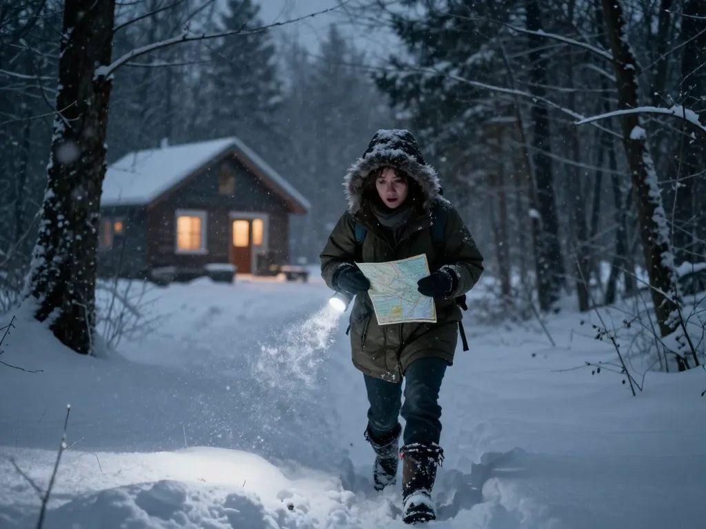 A lone woman battling a snowstorm in Dead of Winter, searching for shelter in a snowy Minnesota forest while clutching a flashlight and map.