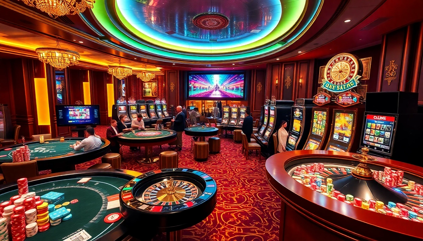 This captivating scene of a luxurious casino illustrates the excitement of gameplay at https://topclub.site/, featuring poker tables and vibrant slot machines.