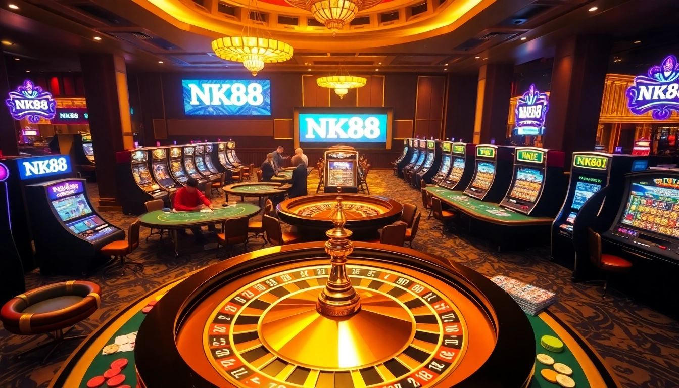 Players winning at NK88 themed casino games with poker chips and roulette wheel.