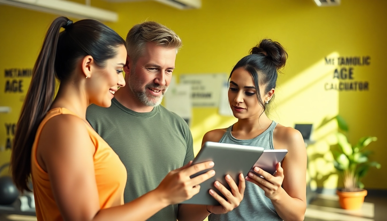 Calculate your metabolic age calculator with a trainer's guidance in a professional gym setting.
