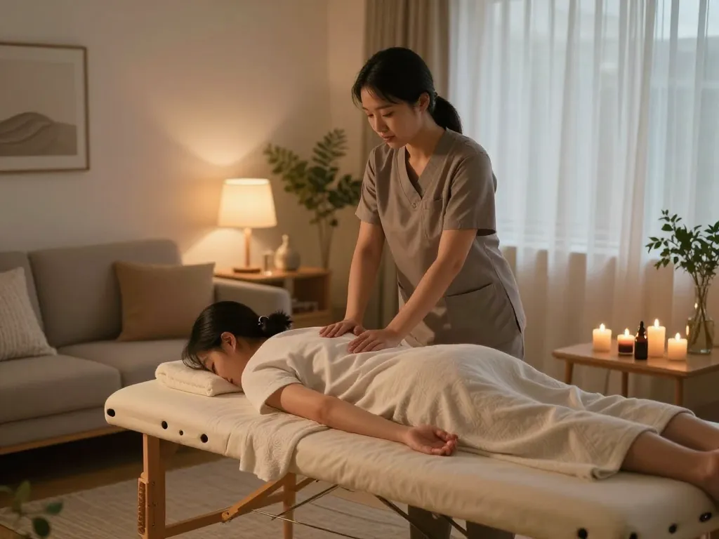 Relaxing 부천 출장마사지 session in a cozy evening home setting with serene ambiance.