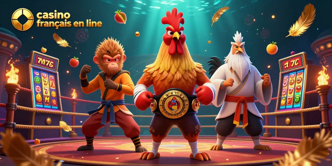 Illustrez le casino francais en ligne avec un combat dynamique entre un coq thaïlandais et un singe, symboles de chance et de gain.