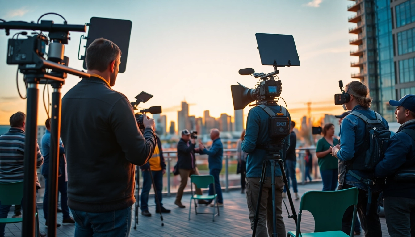 Dynamic scene depicting edmonton production companies in action with crew and film equipment.