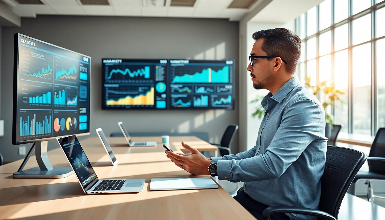 AI for competitive intelligence analyst analyzing real-time data in a modern office.