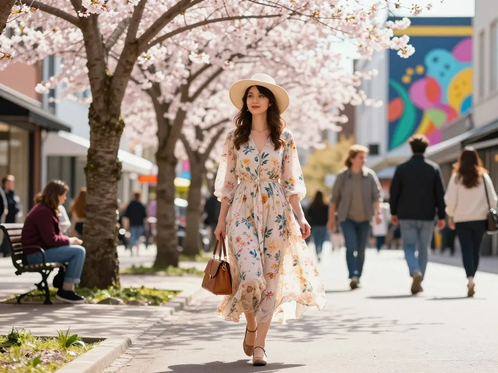 Fashionable woman in a floral spring dress enjoying the vibrant city during spring.