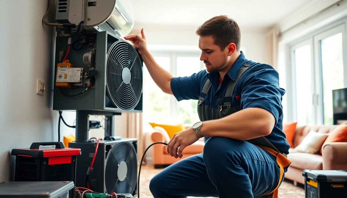 Technician performing emergency HVAC repair on equipment in a well-lit home environment.