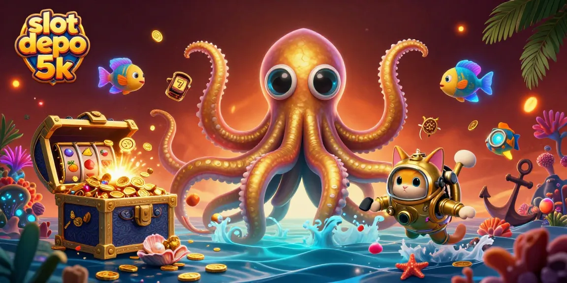 Spin to win with slot depo 5k featuring a kraken and diving cat in a treasure cave.