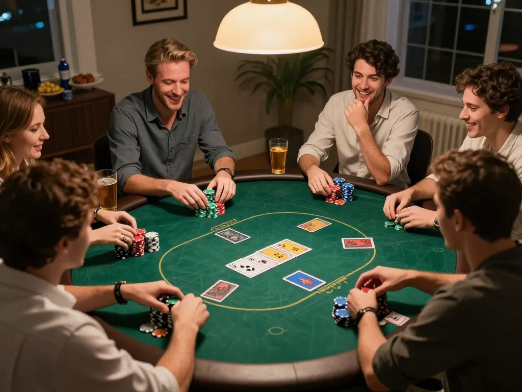 Join in on the excitement of slot gacor gampang menang while friends play poker together, surrounded by snacks and drinks.
