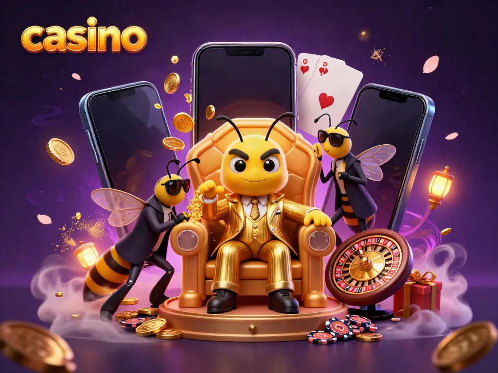 Experience a vibrant casino scene with a bumblebee mob boss and slot game elements in this 3D digital illustration.