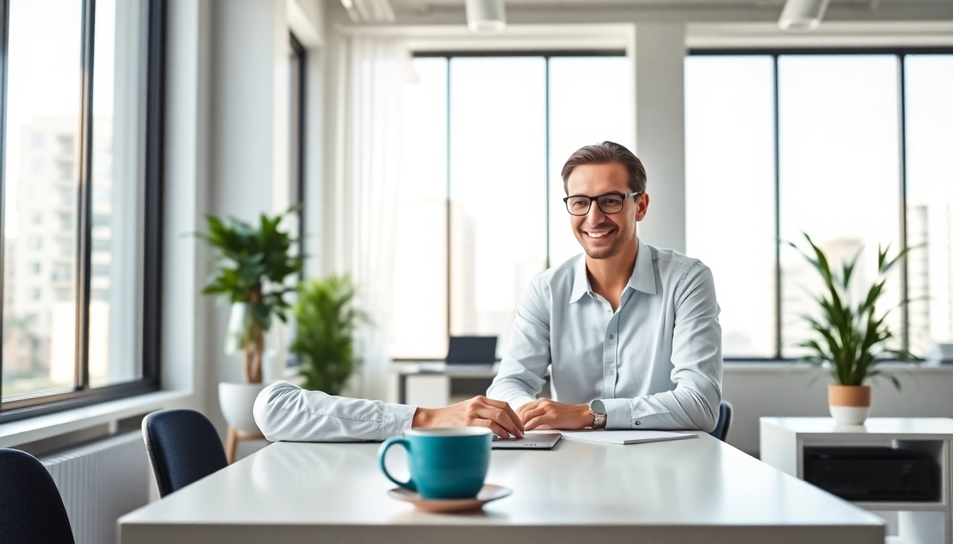 Real Estate agent showing listings in a bright, modern office setting.