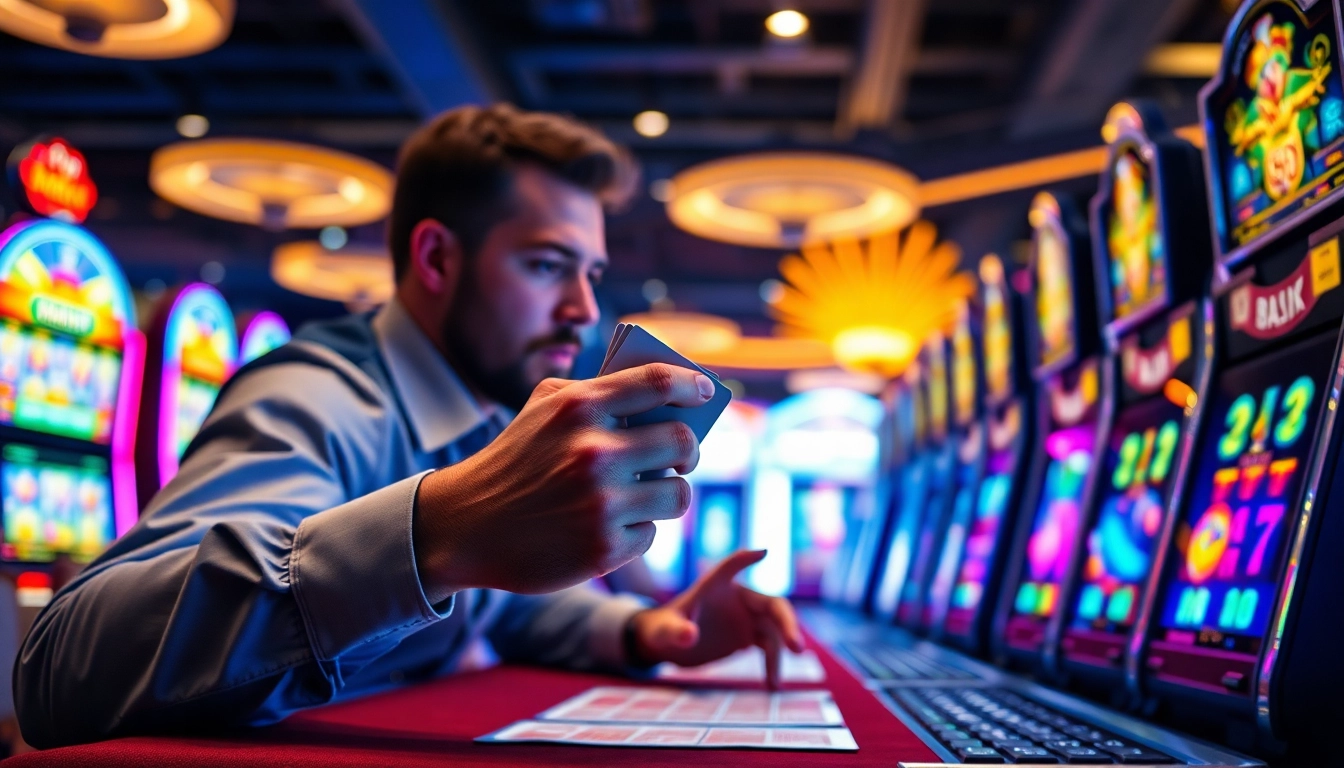 Menang besar di situs slot gacor dengan mesin slot berwarna-warni di latar belakang.
