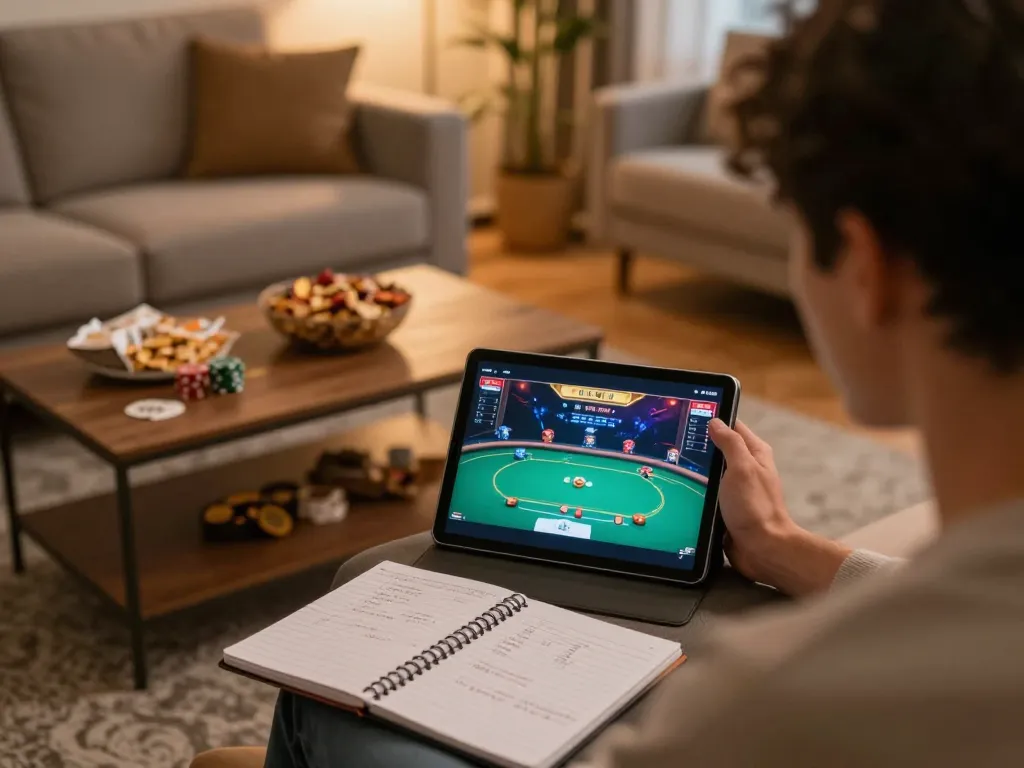 Player engaged in online poker at https://www.mnm88.com/, displaying strategic gameplay in a cozy room environment.