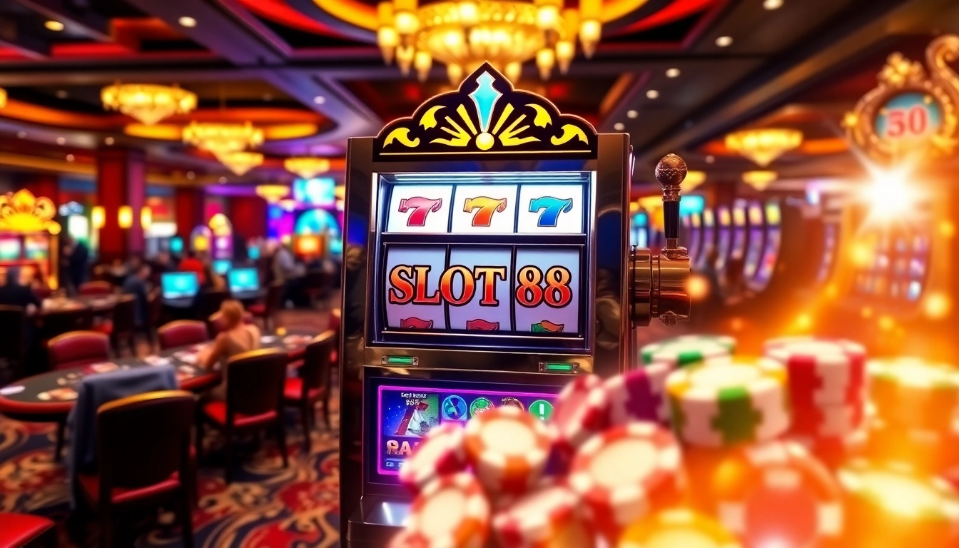 Spin the SLOT88 machine surrounded by colorful poker chips and casino excitement.