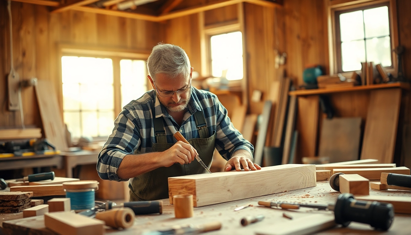 Carpenter focused on woodworking in a bright workshop filled with tools and warm wooden textures.