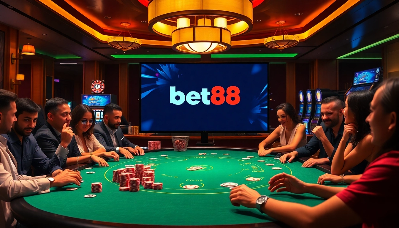 Experience high-stakes gameplay at Bet88's vibrant casino table, filled with colorful chips and dice.
