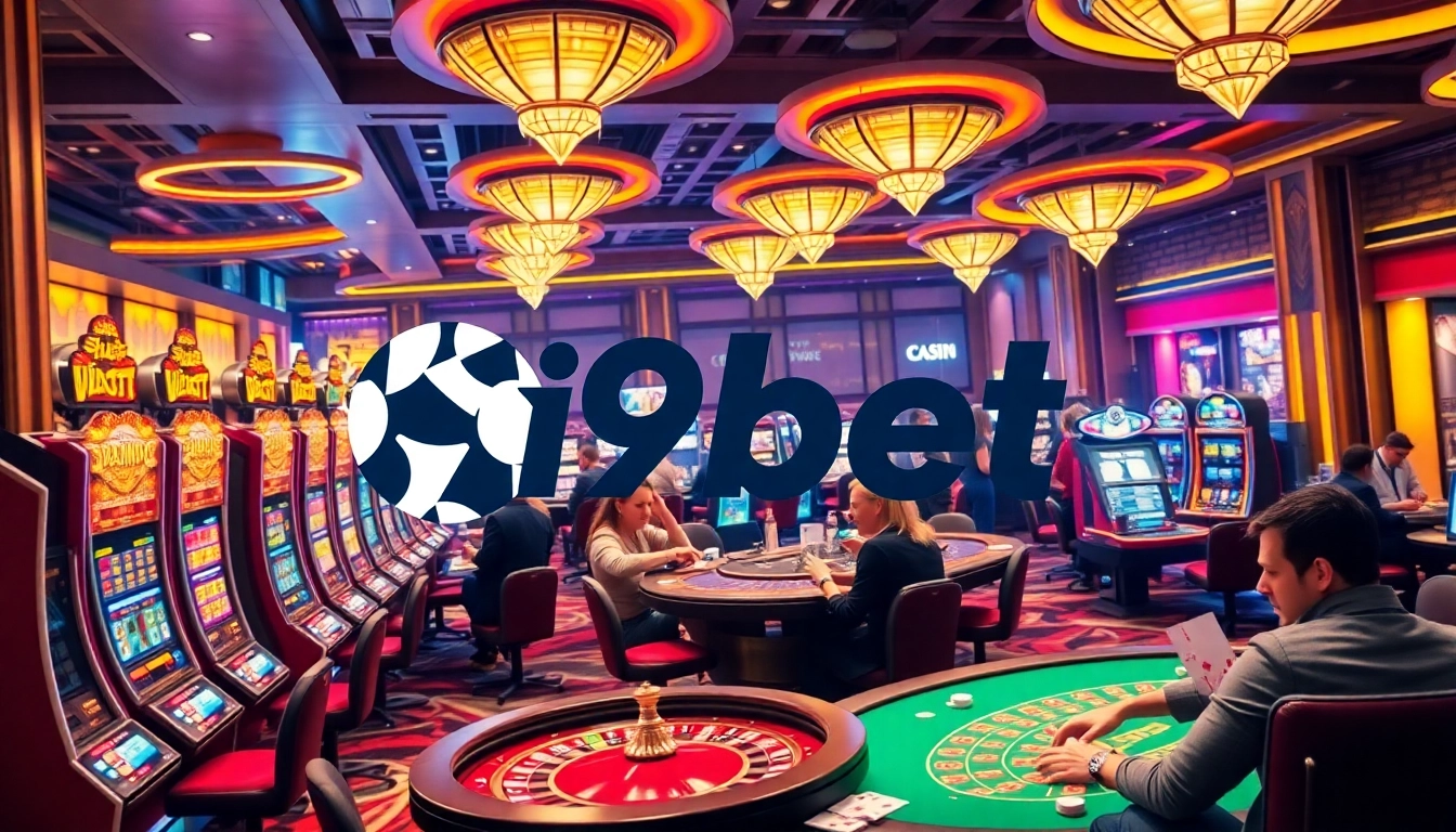 i9bet players enjoying a vibrant casino atmosphere with roulette and poker tables.