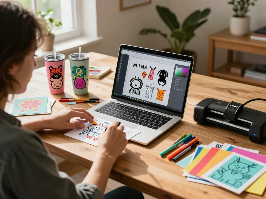 Designer creating unique svg bundle designs in a colorful crafting workspace.