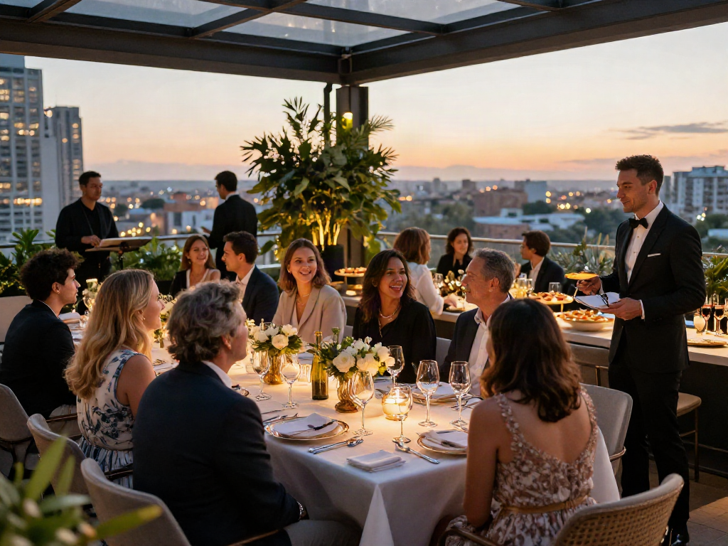 Event rentals in an elegant rooftop venue with beautifully arranged tables and city skyline.