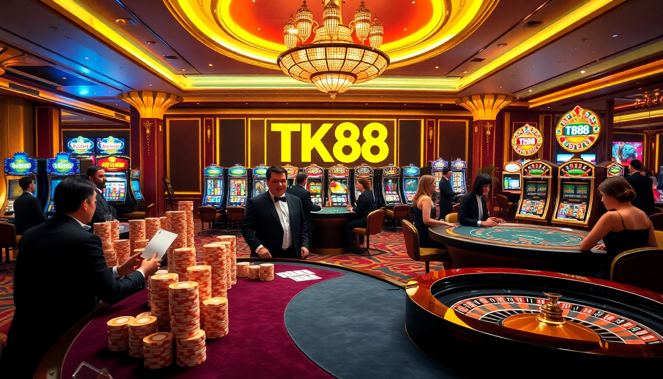Engaging players enjoying games at TK88 casino, with vibrant slots and poker tables.