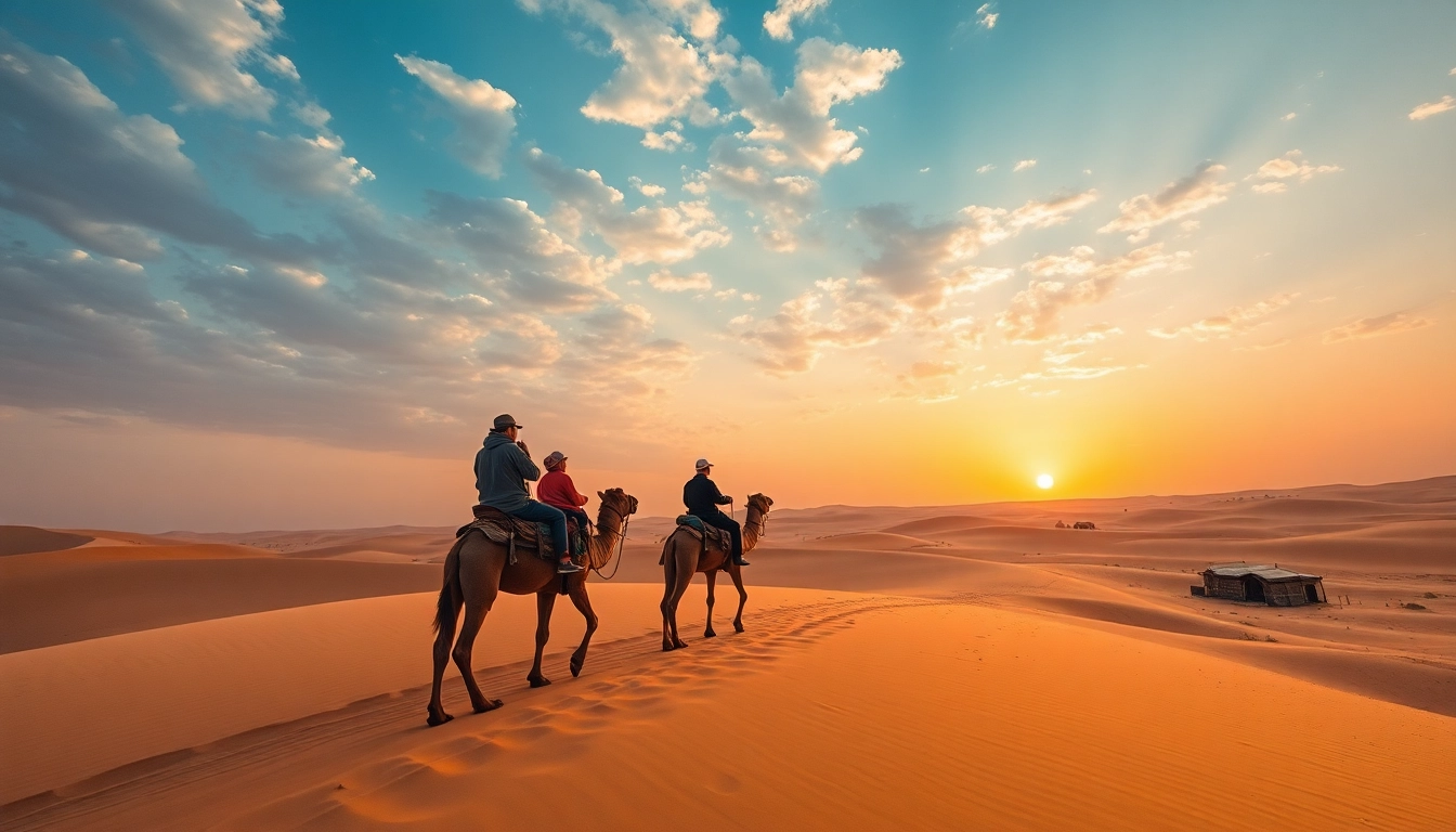 Agafay Desert camel ride at sunset with tourists on camels, creating magical memories.