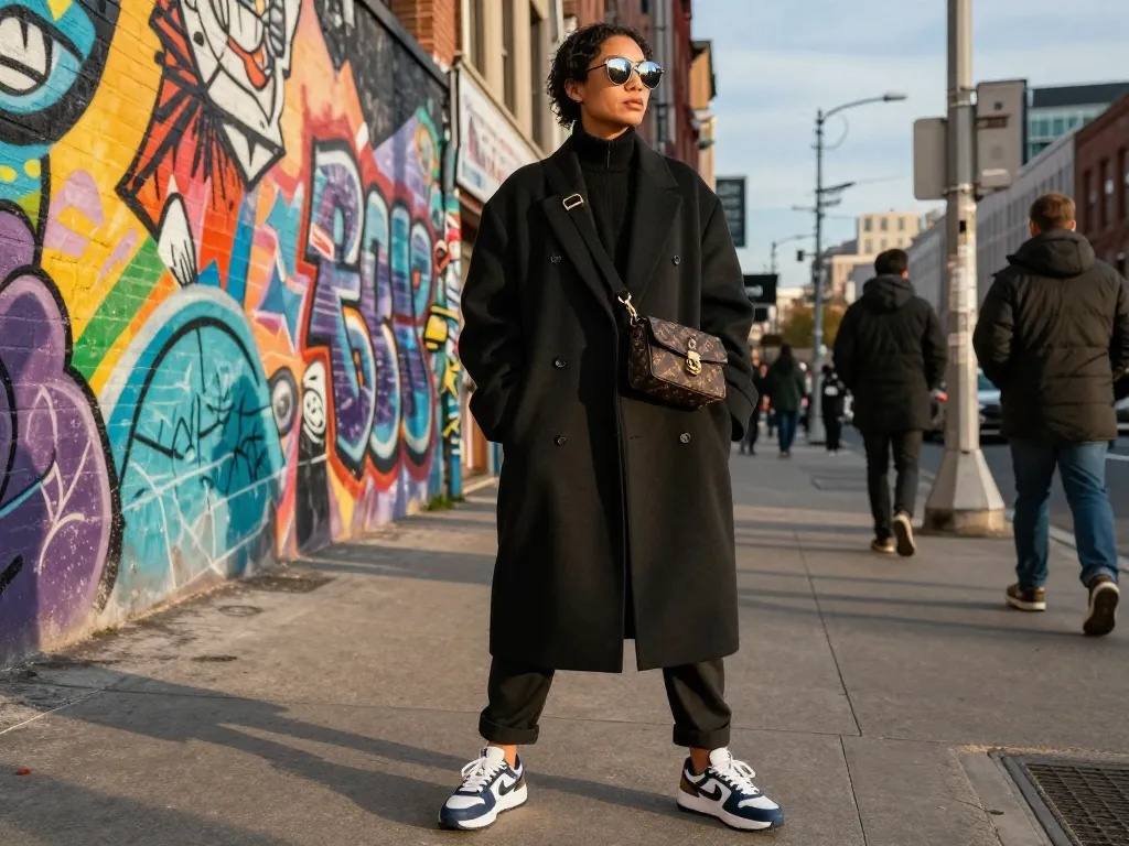 Stylish urban setting featuring 레플리카 fashion, person in trendy coat and sneakers against colorful mural.