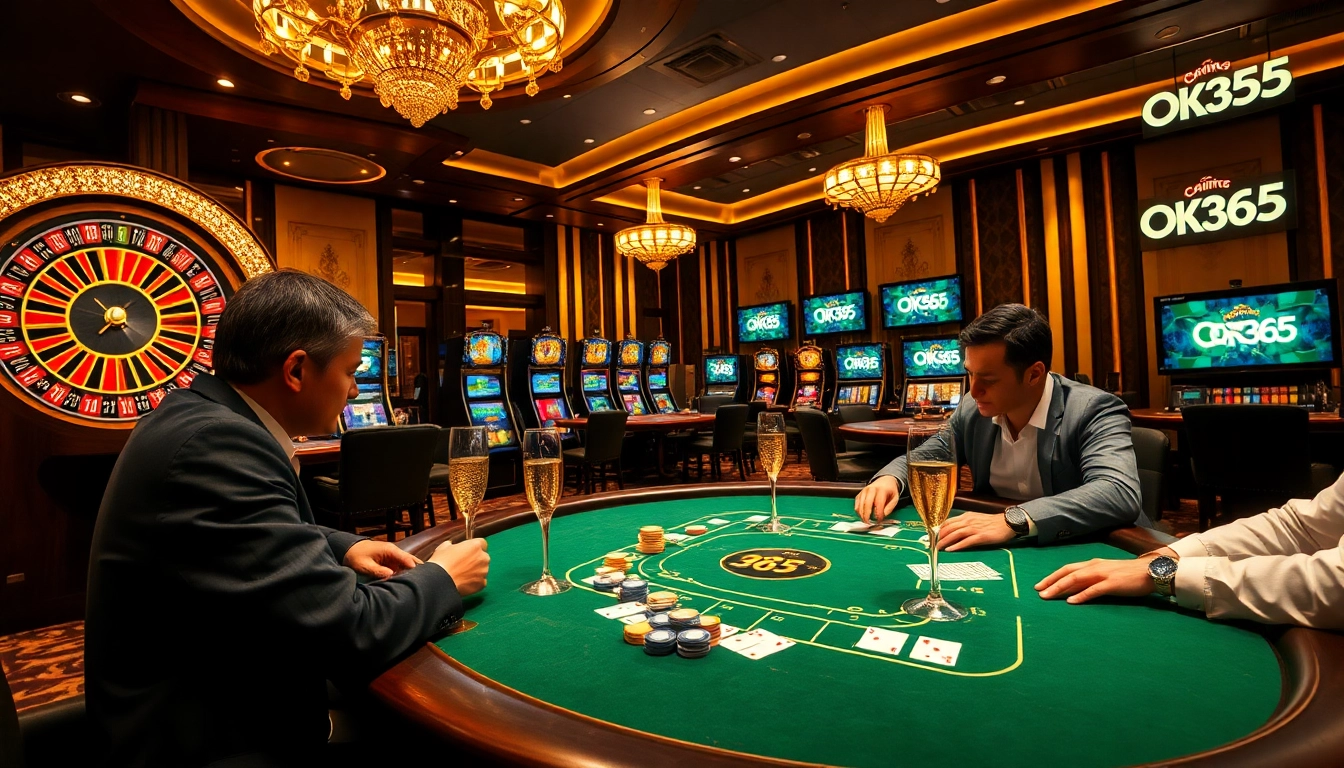 A captivating scene of gambling excellence showcasing OK365 Trang chủ with players strategizing at a poker table.