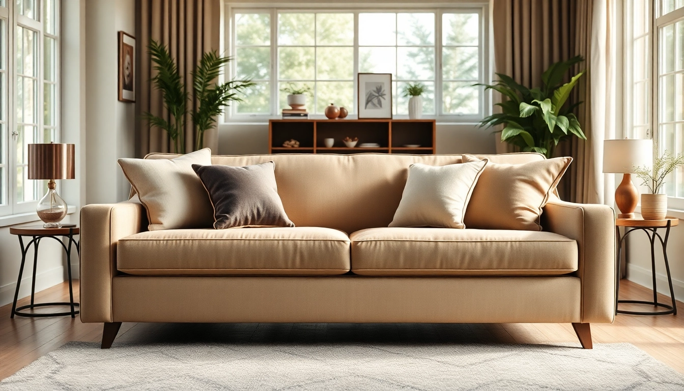 Relaxing sofa bed showcasing its elegant design in a cozy living room.