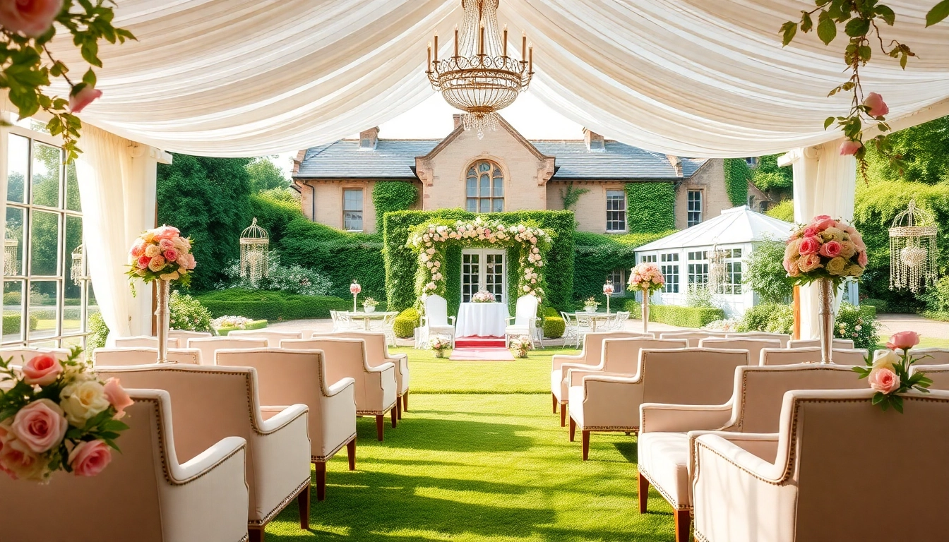 Stowe Venue Hire, showcasing an elegant event space in a lush garden setting.
