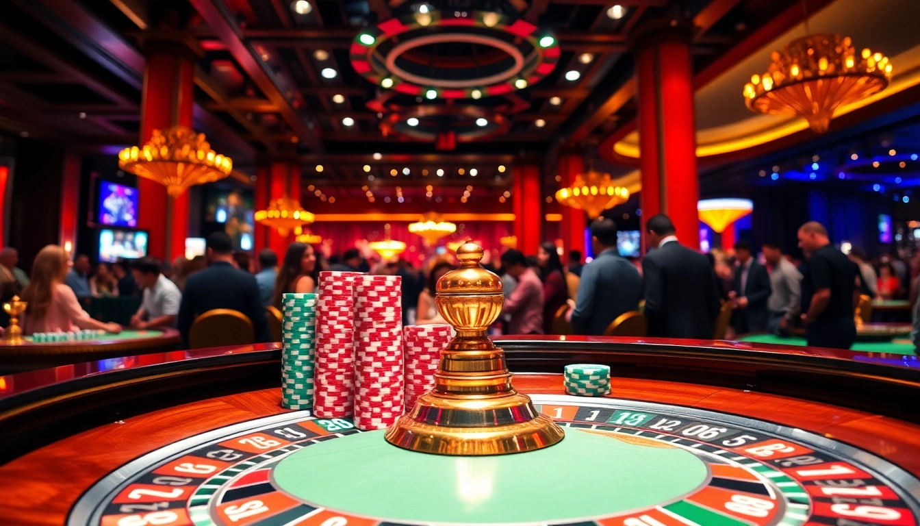 Memenangkan permainan di igamble247 dengan suasana kasino yang meriah dan meja roulette yang penuh.