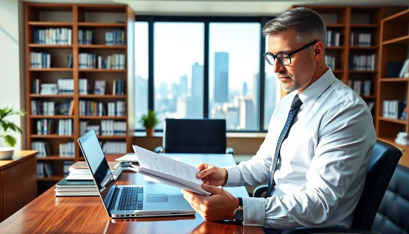 Tax Consultant in Kenya analyzing documents in a modern office setting.