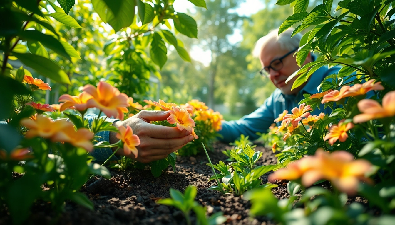 Gardening expert caring for vibrant flowers in a beautifully maintained garden setting.