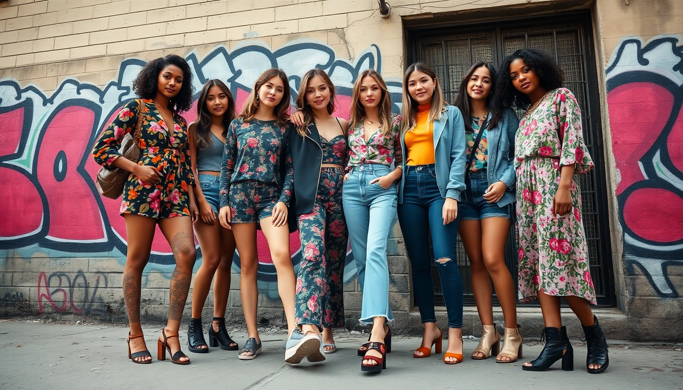 Showcasing vibrant Fashion trends in urban style with friends and unique patterns.