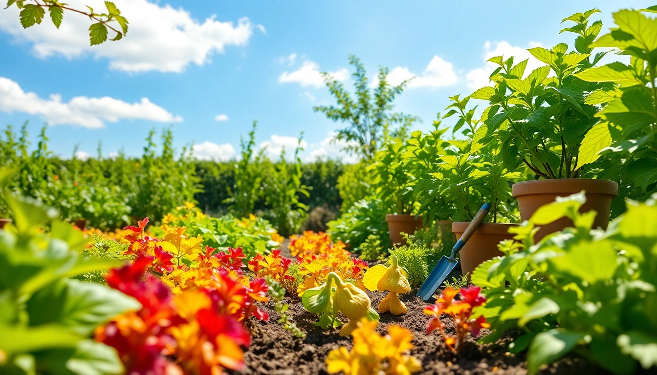 Gardening in a bright vegetable garden with colorful plants and tools.