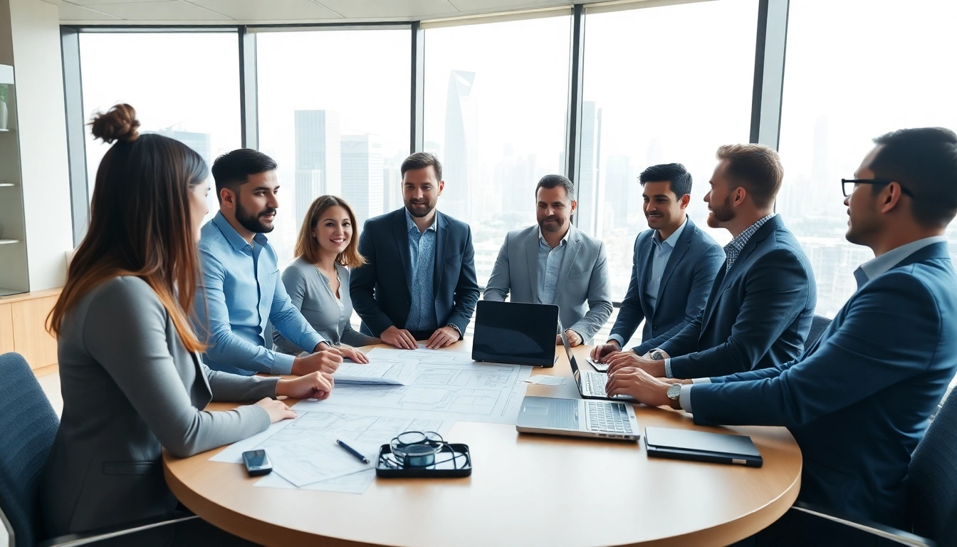 Collaborative professionals discussing construction network association strategies in a modern office.