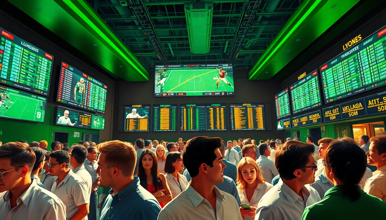 Engaging sports betting experience with enthusiastic bettors analyzing odds in a lively sportsbook.