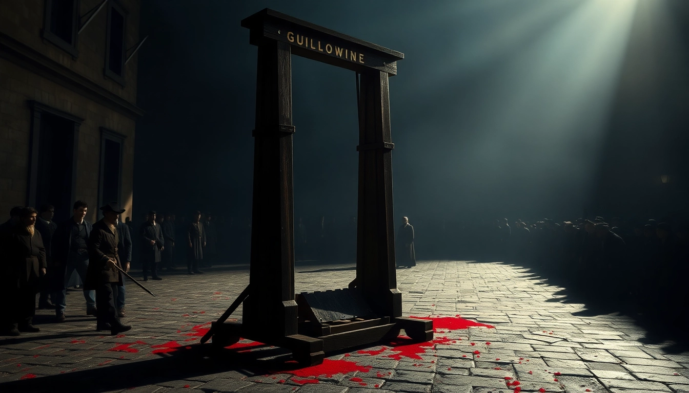Visual representation of guillotine origin phrase highlighting its historical context in a dramatic courtyard setting.