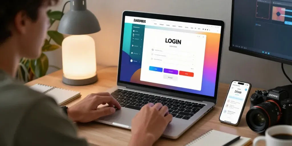 User engaged with DJARUMBOS LOGIN on a laptop in a modern workspace setting.