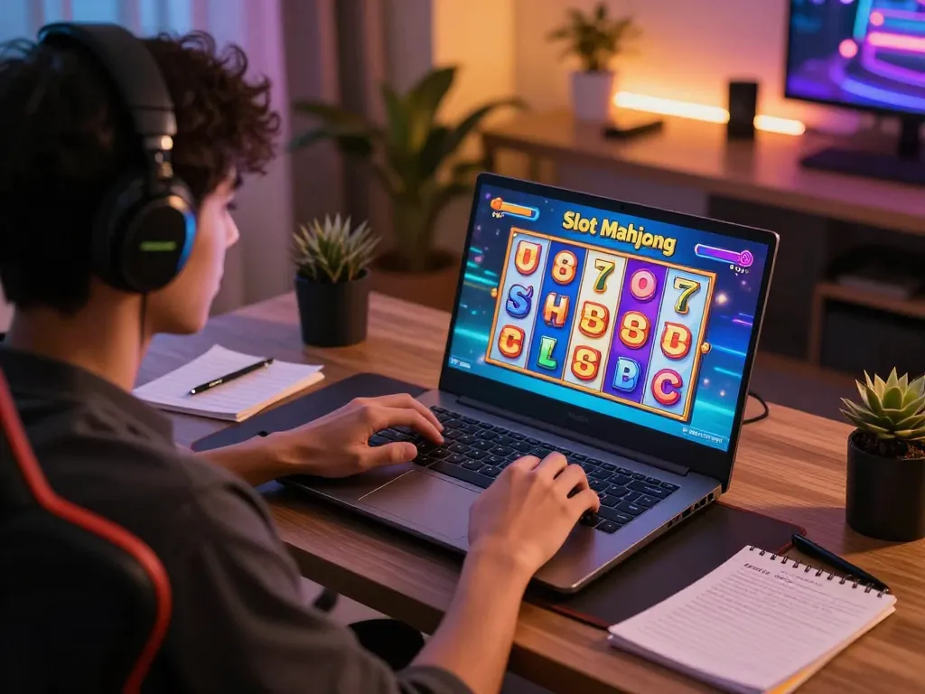Engaging Slot Mahjong gameplay on a laptop screen highlights online casino strategy.