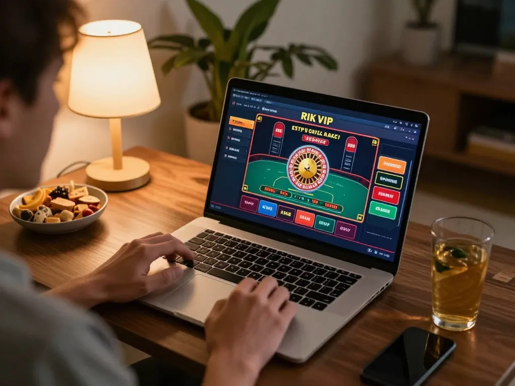 Player enjoying a live dealer game on rik vip at home, highlighting a cozy immersive gaming experience.