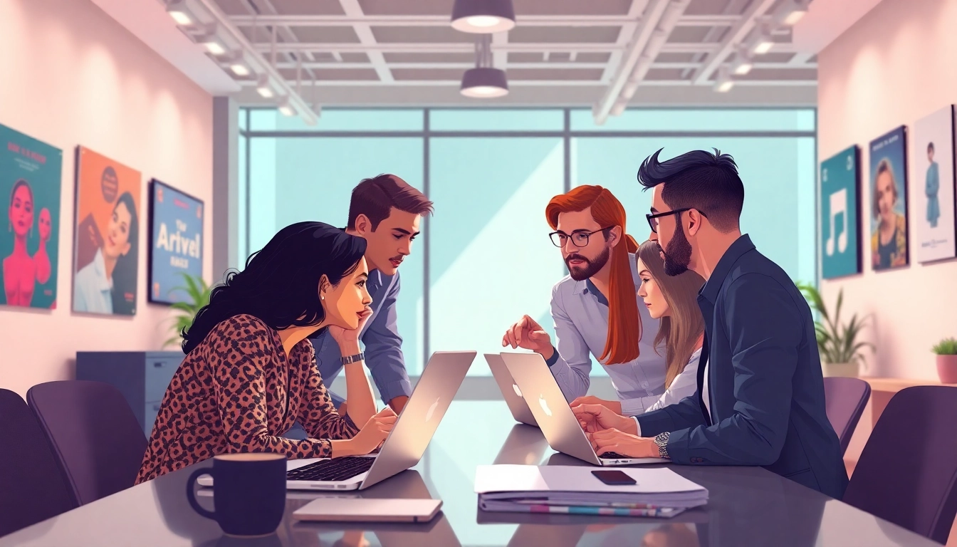 Team collaboration at a music PR company, showcasing creativity and strategy sessions.