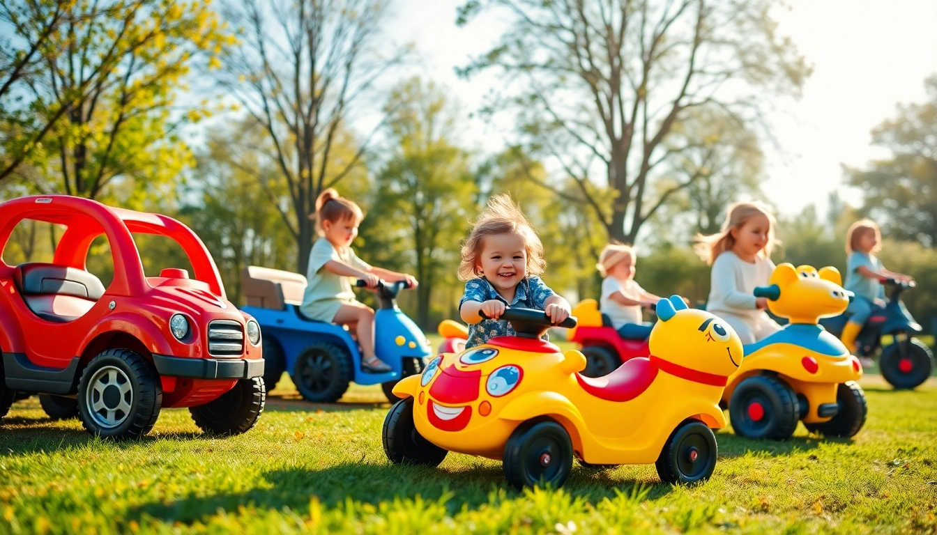 Children enjoying diverse ride on toys in a vibrant park setting, showcasing fun and activity.